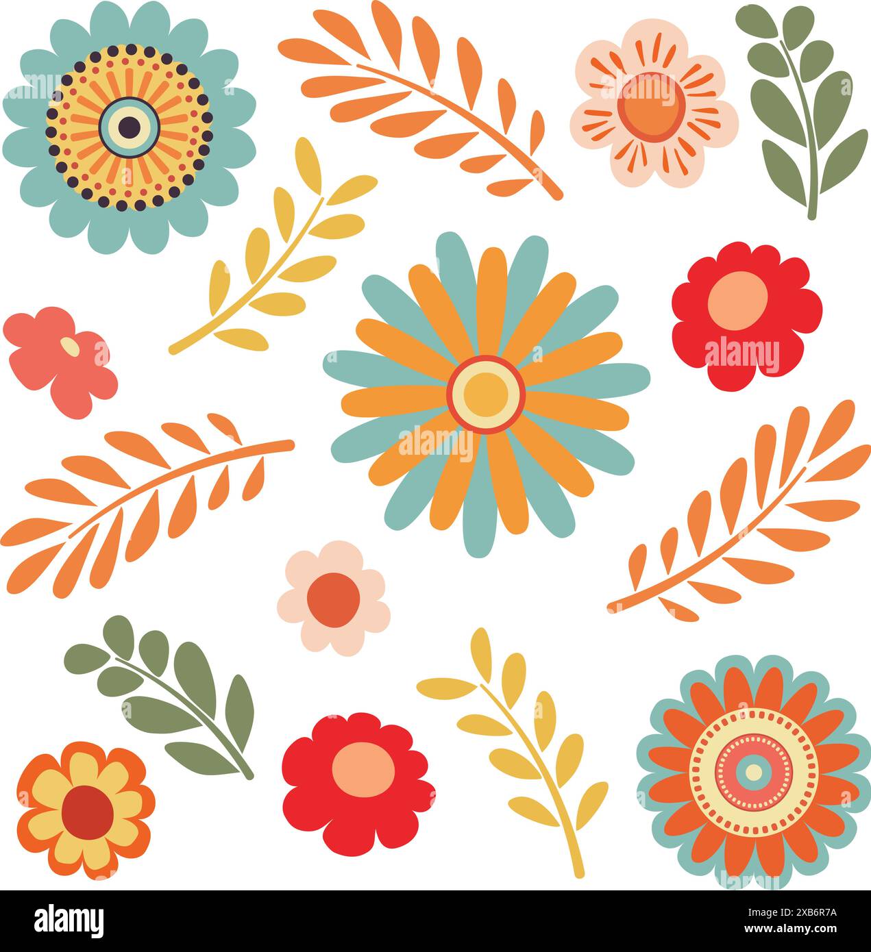 Decorative flat simple flowers, retro pattern design. Stock Vector