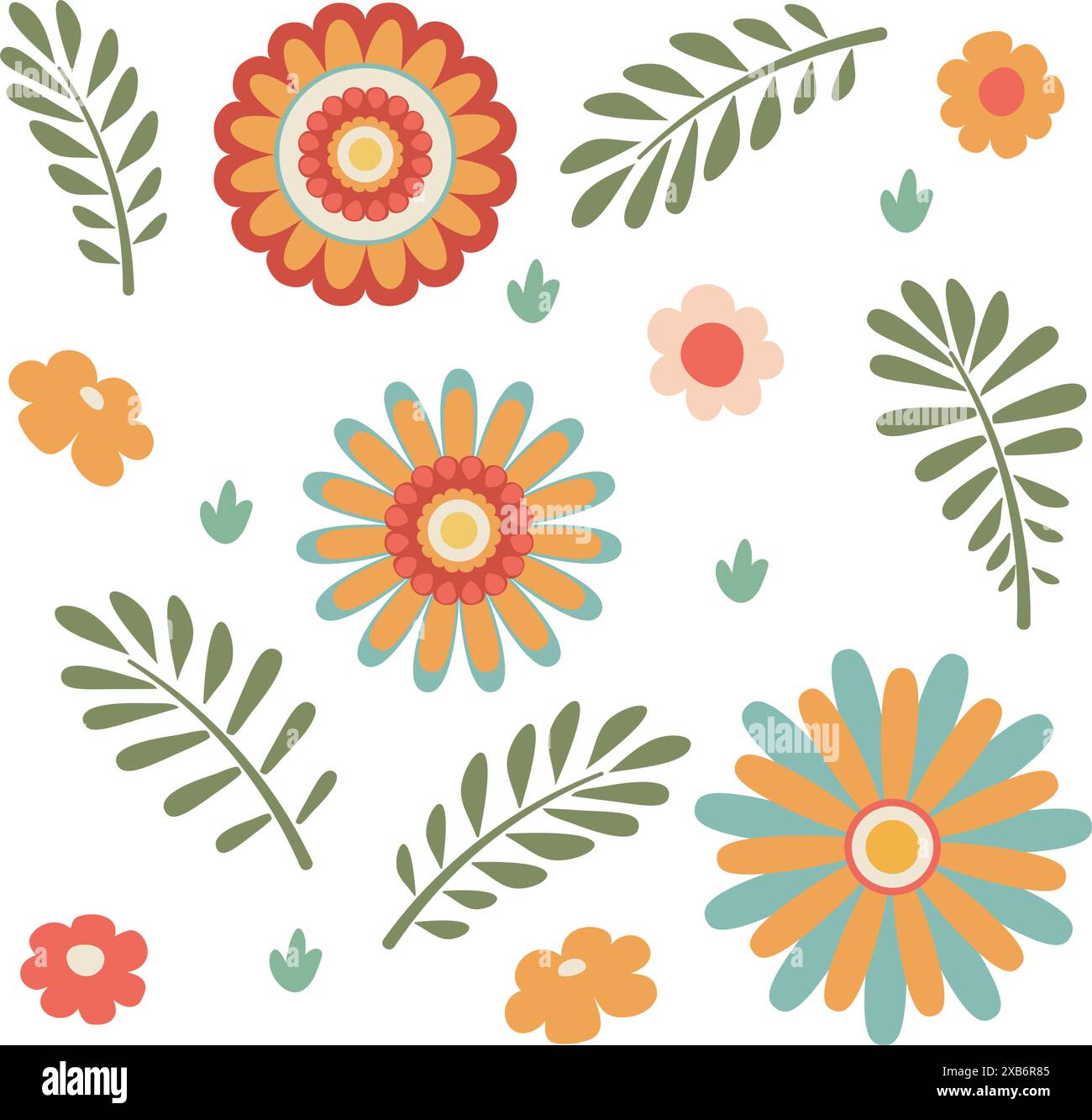 Decorative flat simple flowers, retro pattern design. Stock Vector