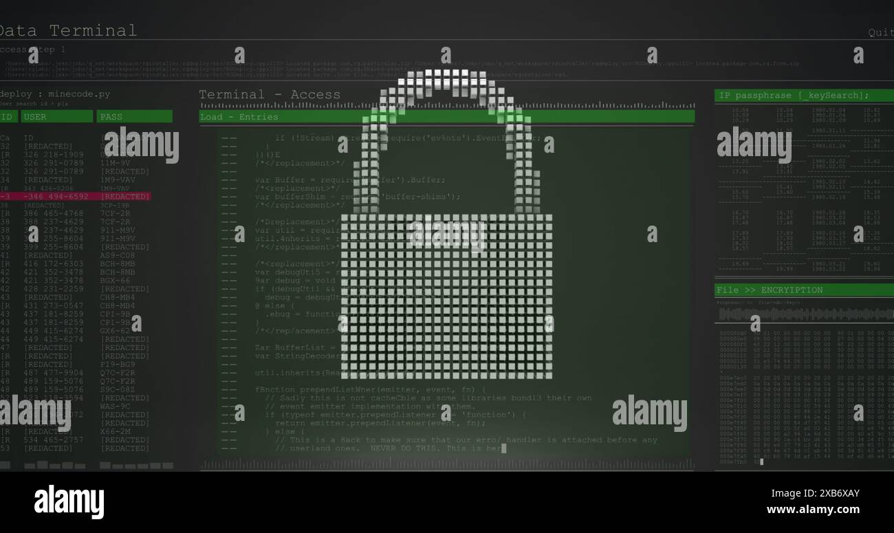 A large digital padlock icon is displayed on computer screen filled with code Stock Photo