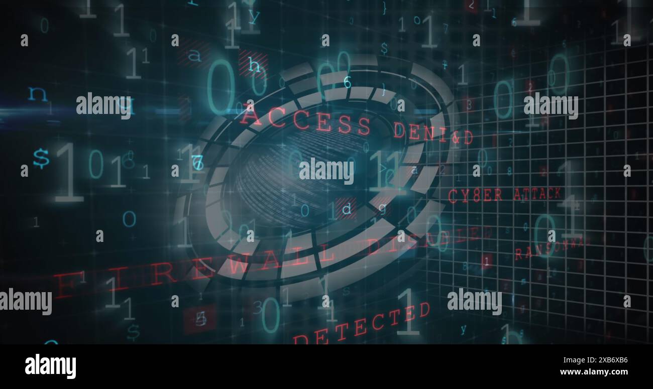 A digital interface displays various cybersecurity warnings like Access Denied Stock Photo
