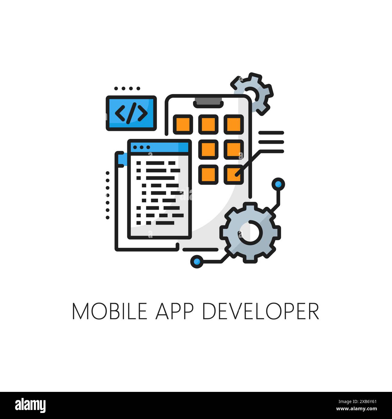 Mobile app developer career, web development job, IT specialist vacancy thin line color icon. Network software development, IT specialist line vector icon with programing code, cogwheel and UI buttons Stock Vector