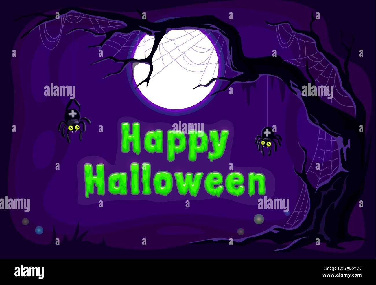 Cartoon Halloween cobweb and spiders on tree branch. Happy Halloween ...