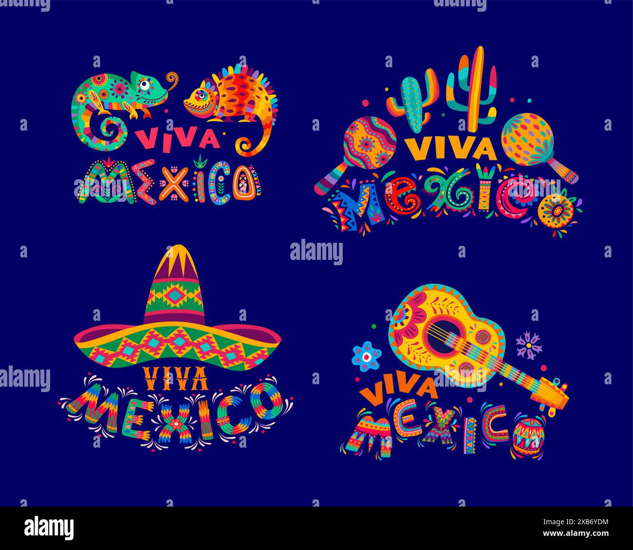 Viva Mexico lettering icons with sombrero, guitar and maracas for ...