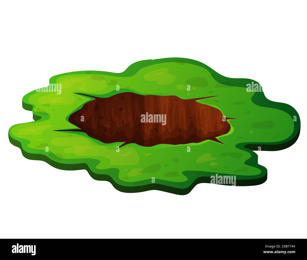 Deep hole in the ground with grass and stones. Brown soil, large cracks and ruins. Digging of