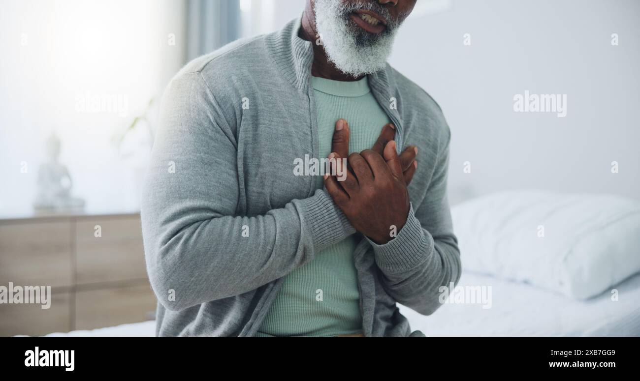 Hospital, senior man and chest pain on bed, panic attack and pneumonia