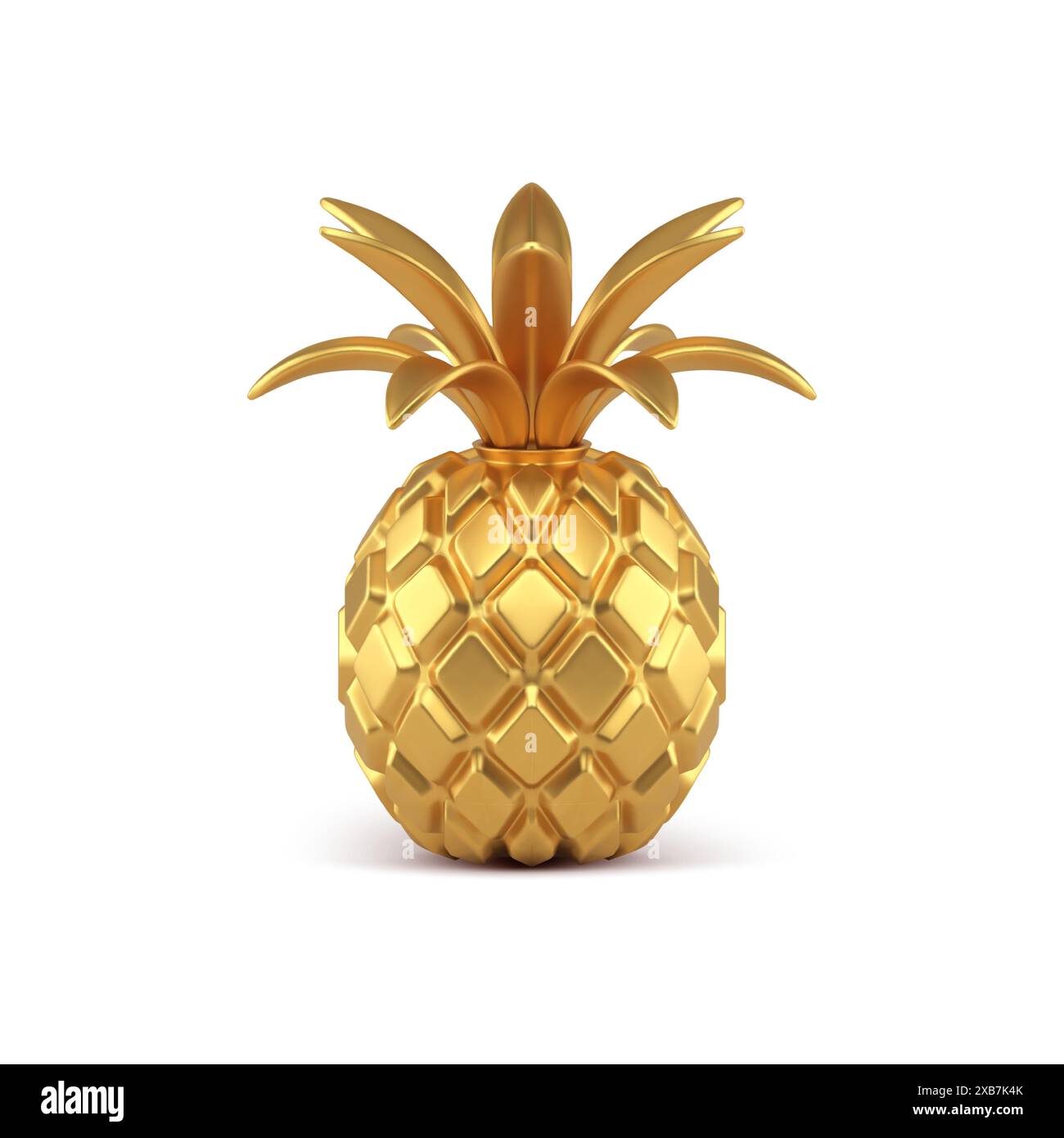 Gold 3d pineapple vector illustration. Exotic fruit molded from yellow precious metal with curved leaves ornaments. Premium product for awarding winne Stock Vector