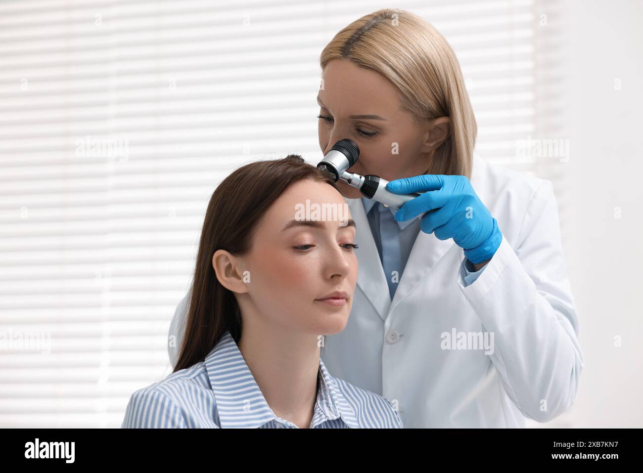 Trichologist with dermatoscope examining patient`s hair in clinic Stock ...