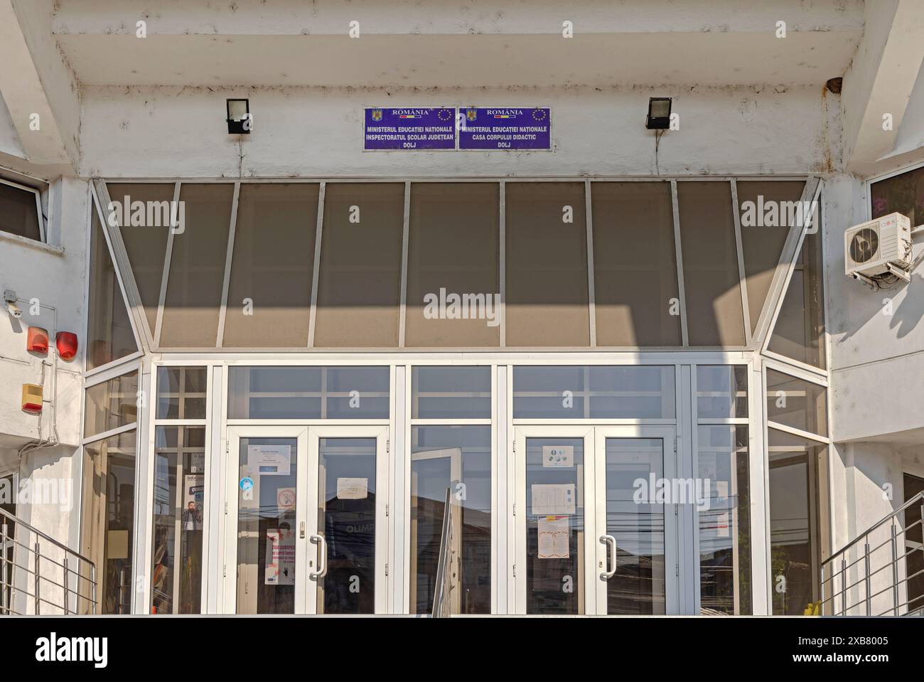 Craiova, Romania - March 16, 2024: Plaque Sign at Entrance to Dolj County School Inspectorate Government Office at Ion Maiorescu Street. Stock Photo