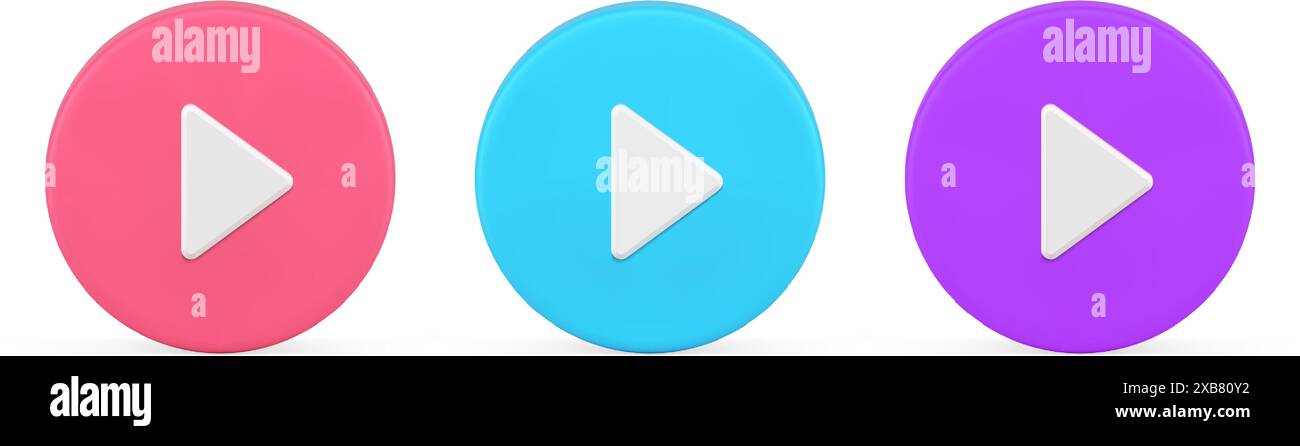 Triangle arrow play button circle badge audio video multimedia content player 3d icon set realistic vector illustration. Media broadcasting web panel Stock Vector