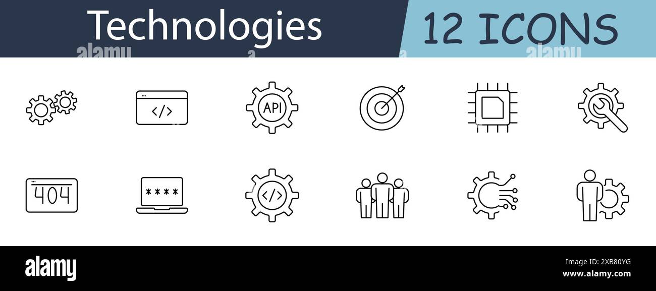 Technologies set icon. Includes coding, API, gears, computer, and network symbols. Perfect for IT, software development, and tech services concepts. V Stock Vector