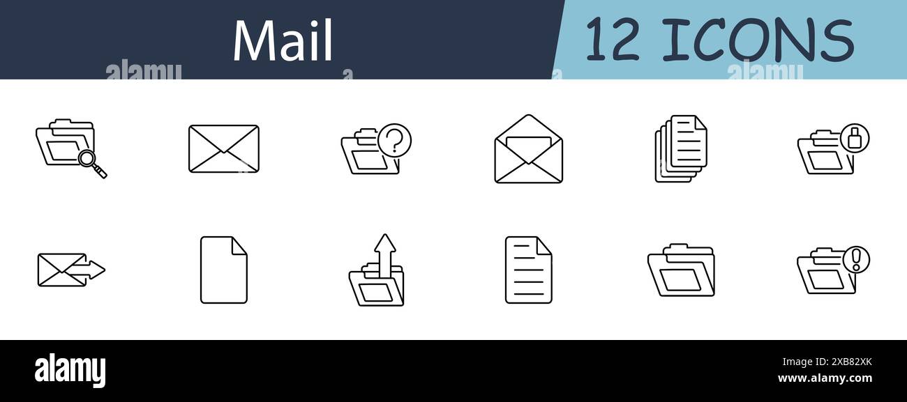 Mail set icon. Folder, envelope, query, inbox, outbox, document, sent, received, attachment, message, communication. Email concept. Vector line icon o Stock Vector