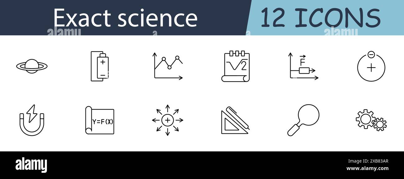 Exact science set icon. Planet, battery, graph, square root, force, particle, magnet, function, vector, protractor, magnifier, gears. Scientific conce Stock Vector