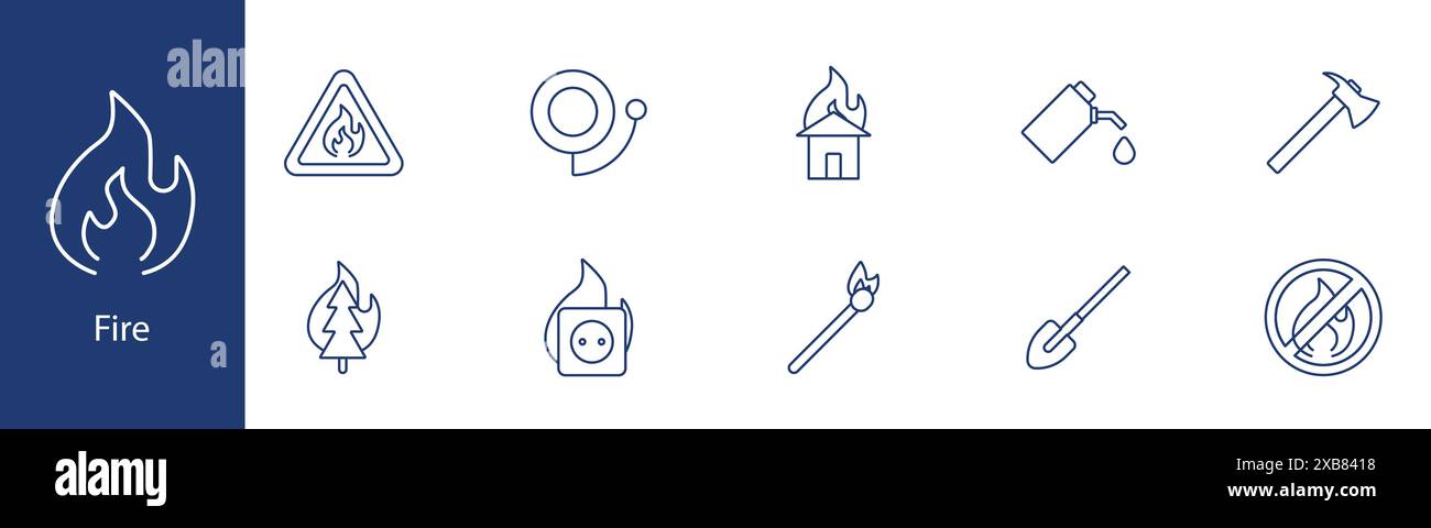Fire set icon. Flame, alarm, house on fire, extinguisher, axe ...