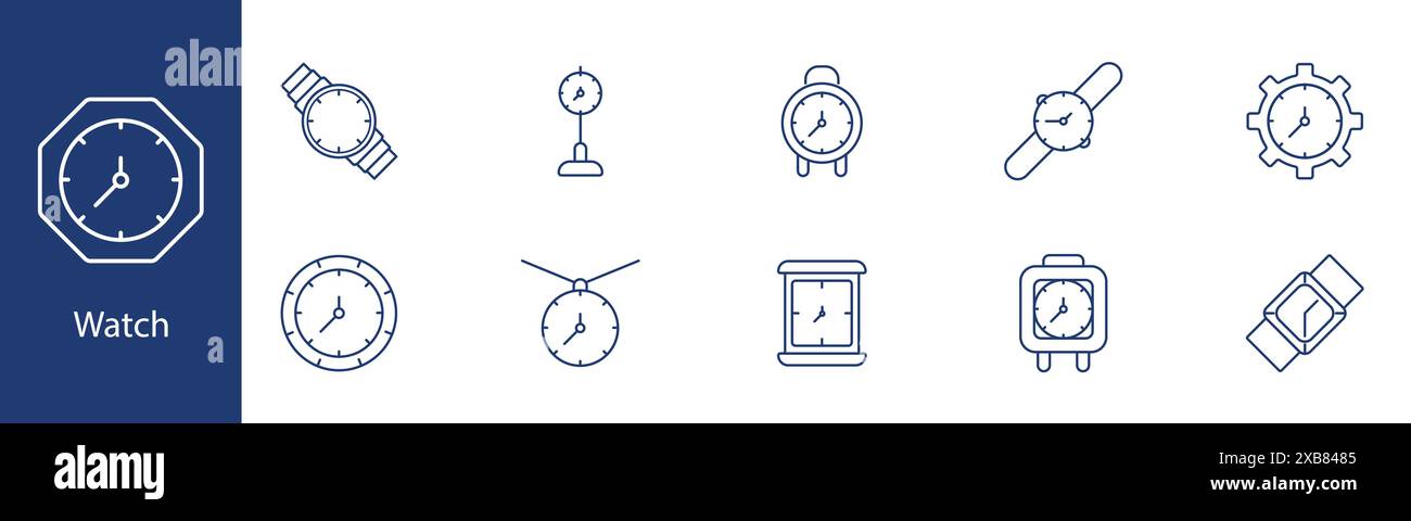 Watch set icon. Wristwatch, wall clock, stopwatch, gear clock ...