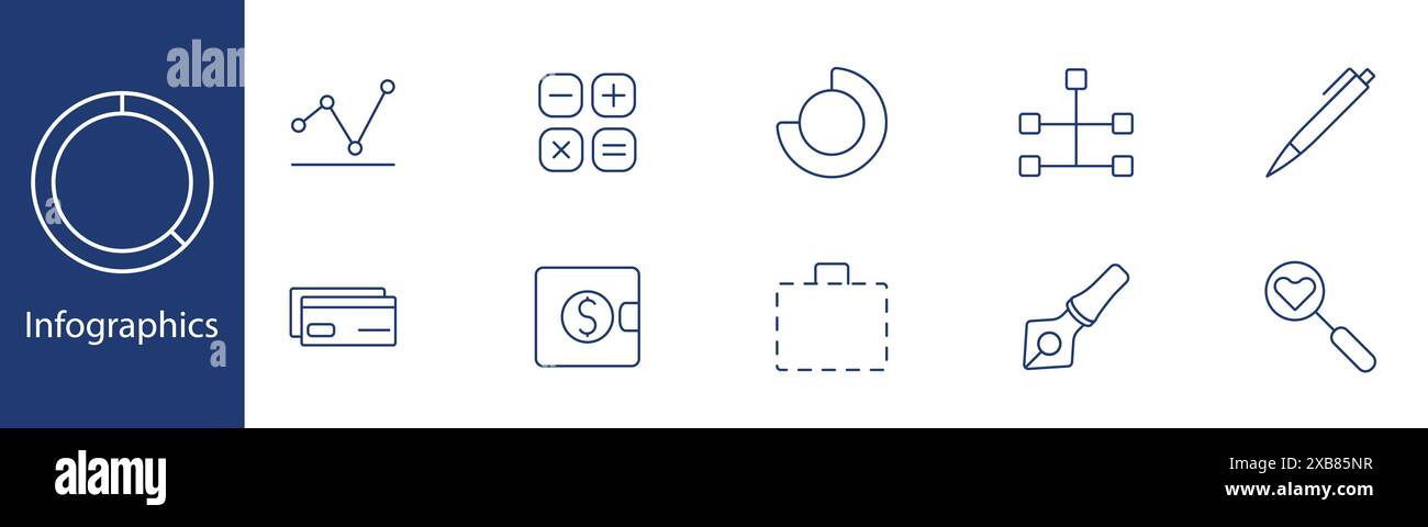 Infographics set icon. Chart, calculator, wallet, pen, suitcase ...