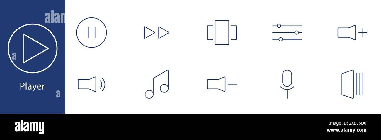 Player set icon. Play, pause, forward, equalizer, volume, music note ...