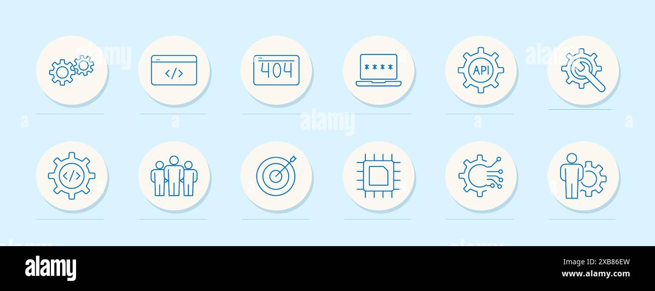 Web development set icon. Gears, code, 404 error, password, API, and target. Programming, software, technology concept. Stock Vector
