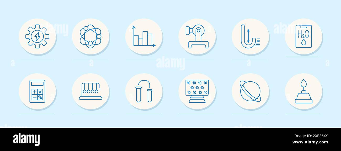 Education set icon. Calculator, atom, graph, and book. Learning, science, mathematics, and knowledge concept. Stock Vector
