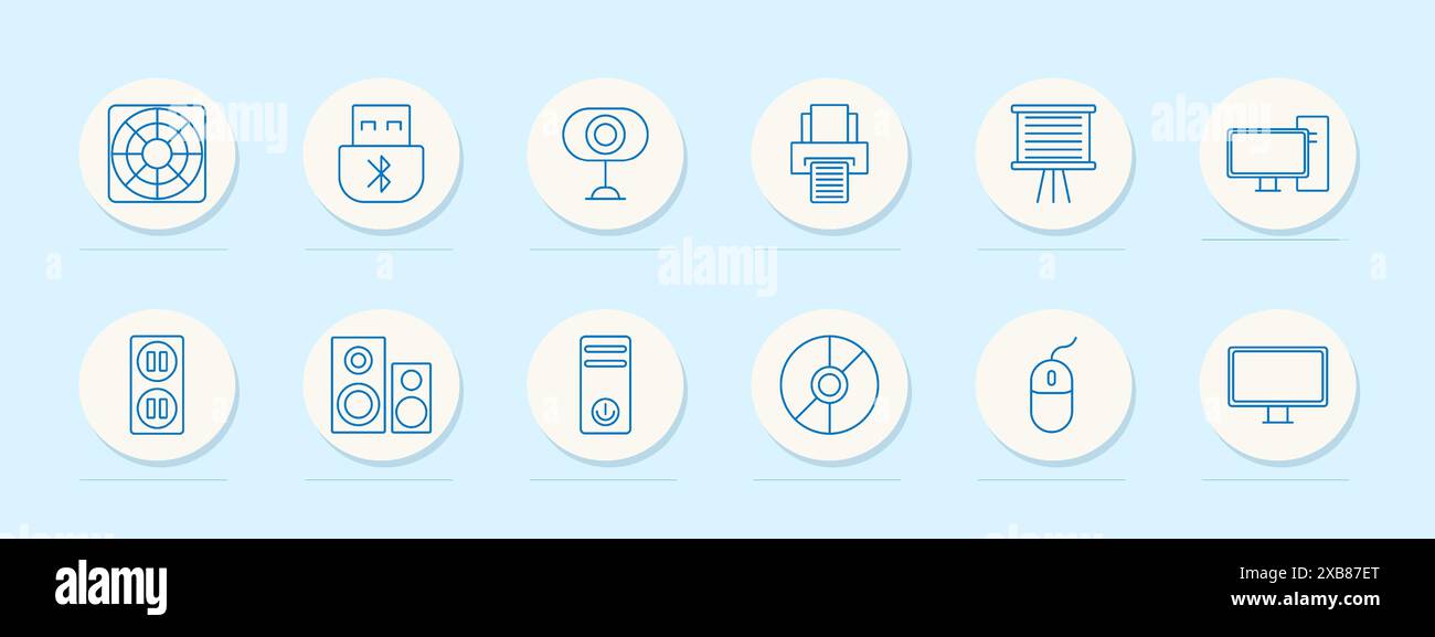 Technology set icon. Fan, USB, webcam, and printer. Electronics, computer accessories, and office equipment concept. Stock Vector