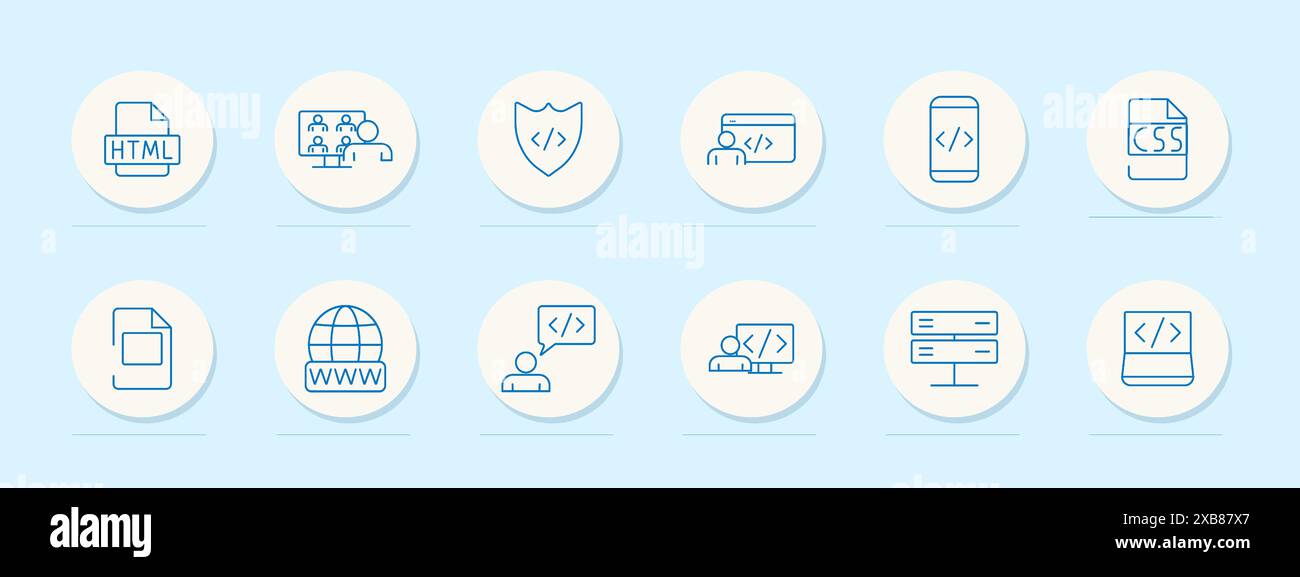 Web development set icon. HTML, team, shield, user, mobile coding, CSS, document, WWW, speech bubble, code presentation. Coding, programming, cybersec Stock Vector