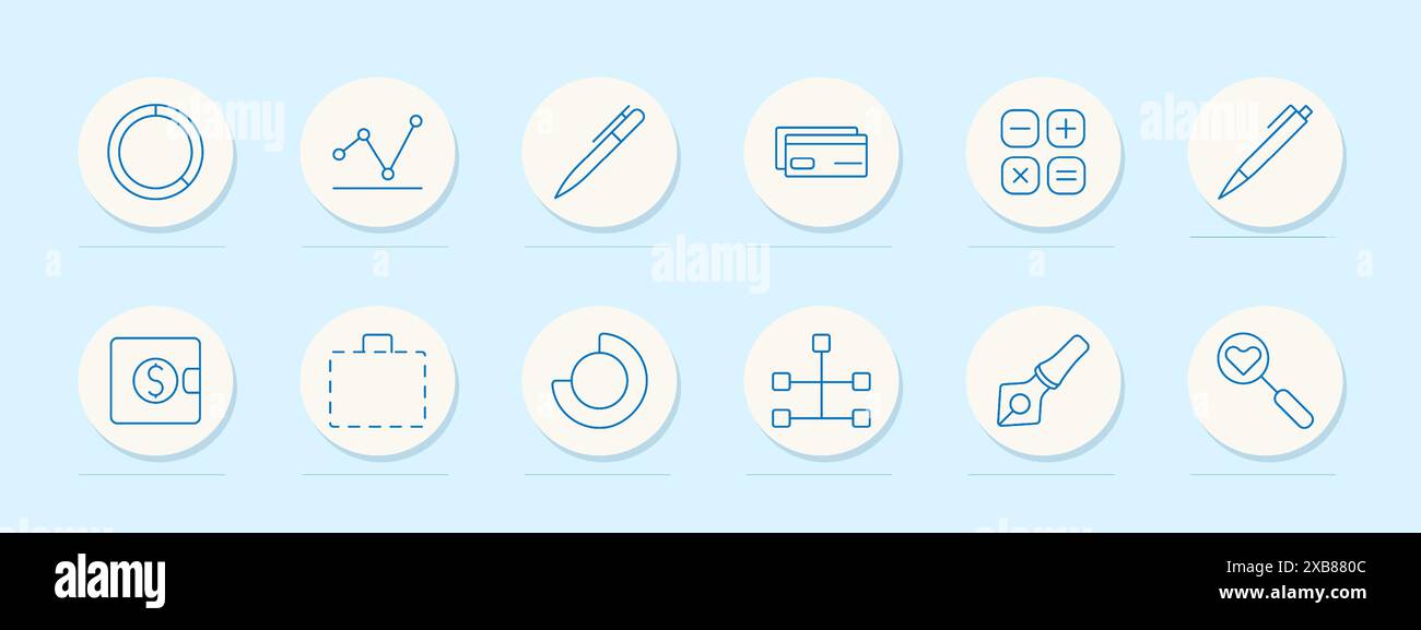 Data analytics set icon. Chart, bar graph, clock, clipboard, document, coins, hierarchy, folder, magnifying glass. Statistics, performance, business m Stock Vector