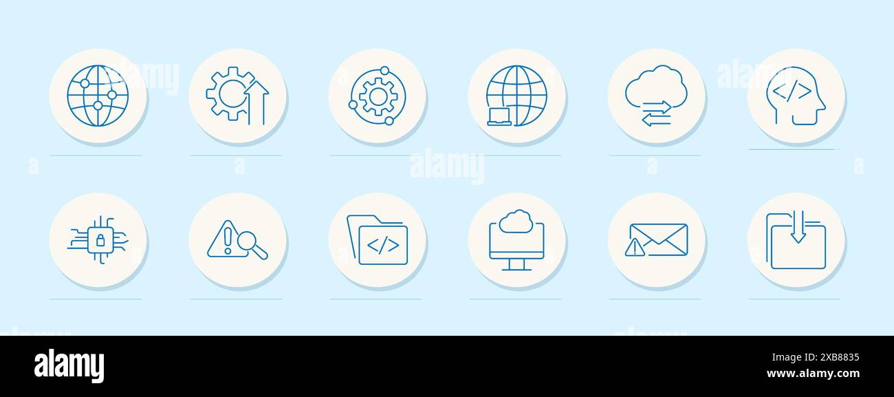 Technology set icon. Fan, USB, webcam, printer, projector, monitor, outlet, speaker, server, CD, mouse. Electronics, computer accessories, office equi Stock Vector