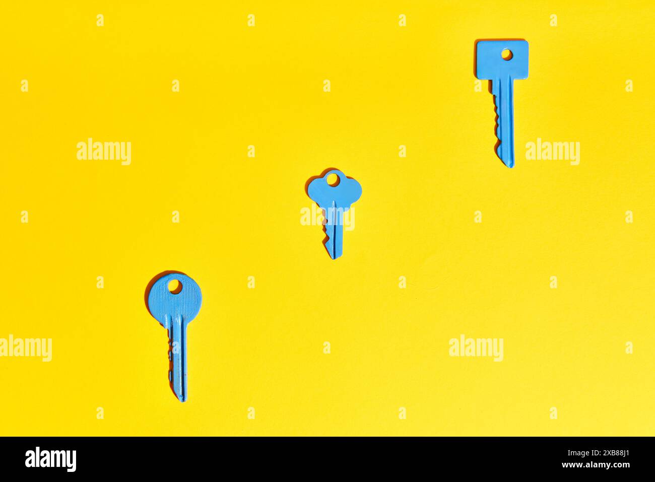 Blue keys on vibrant yellow background. Flat lay Stock Photo