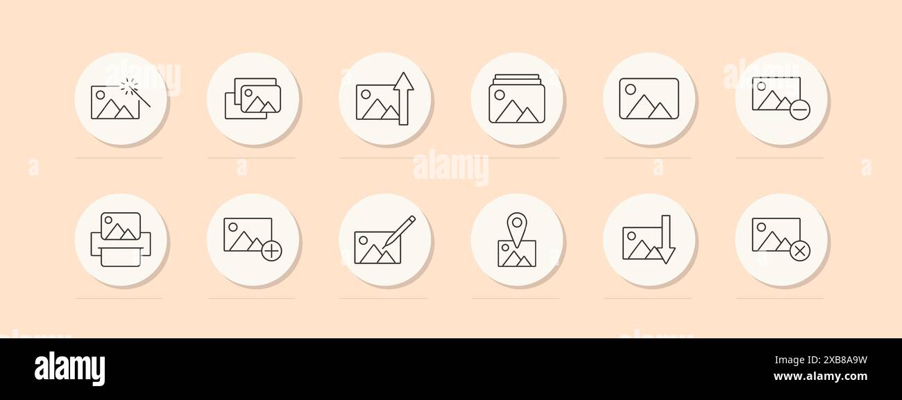 Photo management set icon. Image editing, gallery, location, delete, add, resize, photo, enhance. Vector line icon on peach background. Stock Vector