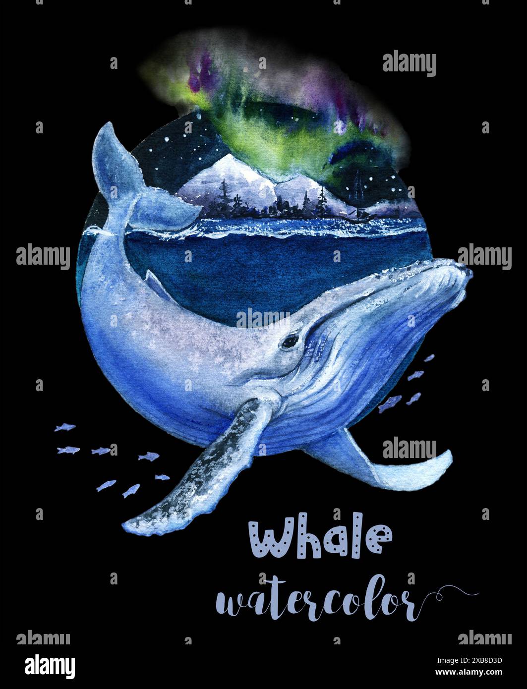 a watercolor painting of a humpback whale in the ocean on black ...