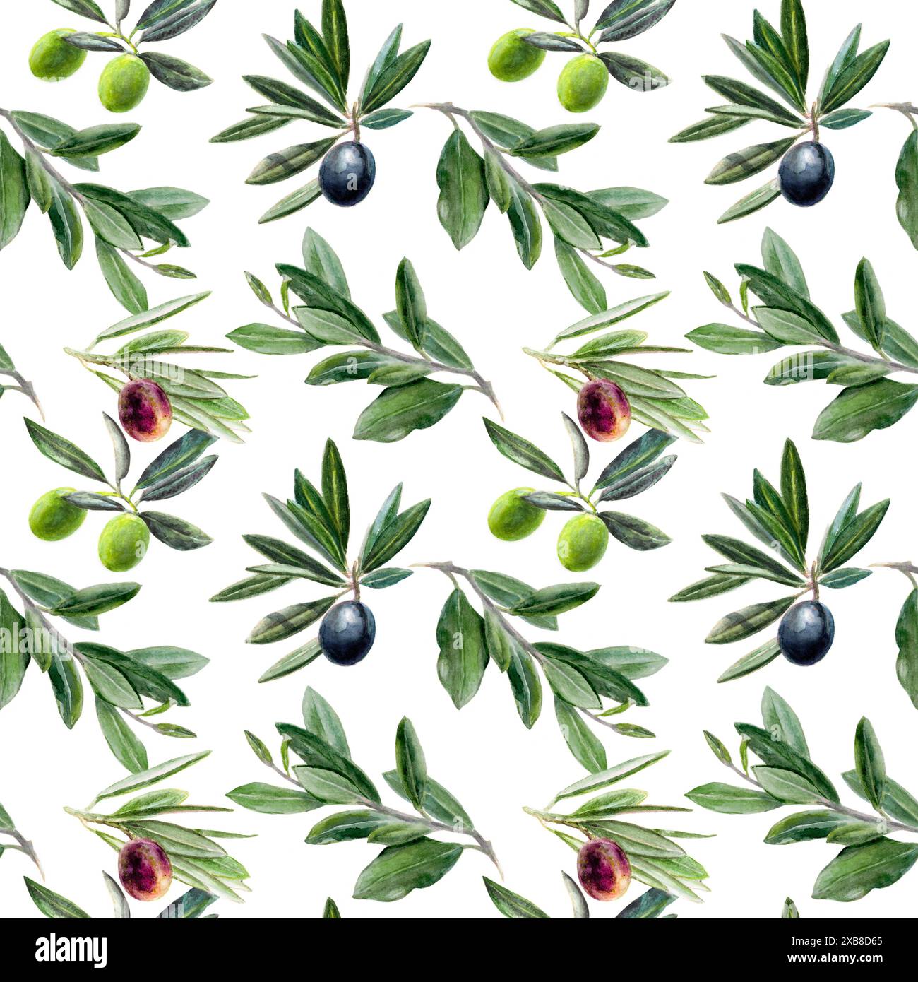 Watercolor Olives Branch Pattern with Seamless Green and Black Leaves ...
