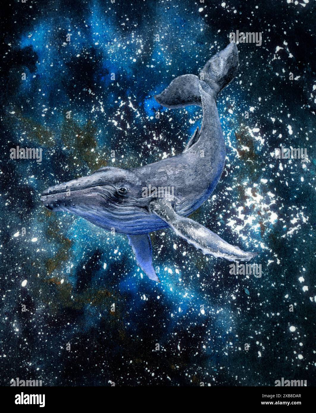 A watercolor humpback whale gracefully swimming through electric blue ...