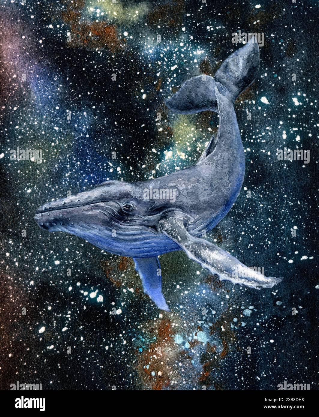 A watercolor humpback whale gracefully swimming through electric blue ...