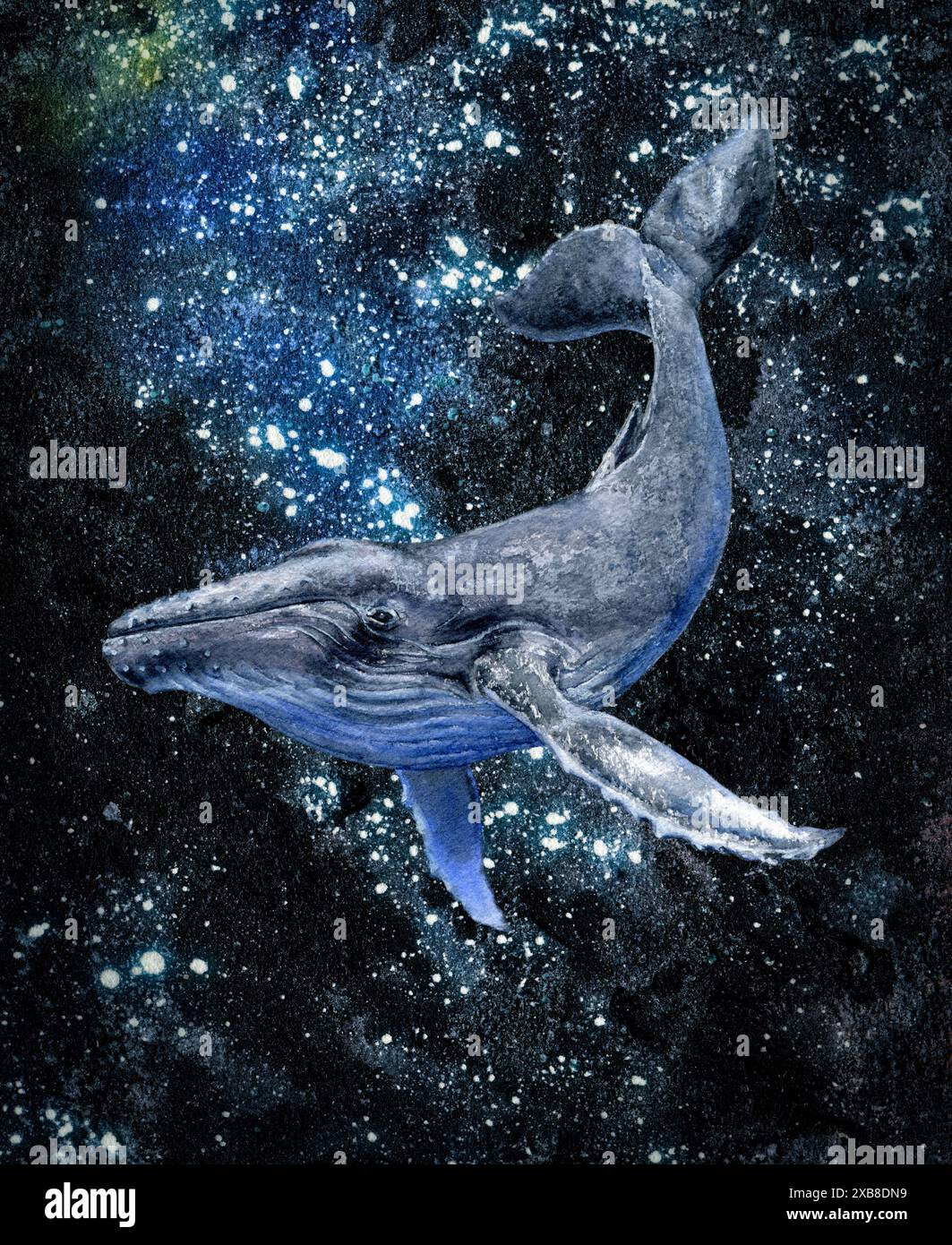A watercolor humpback whale gracefully swimming through electric blue ...