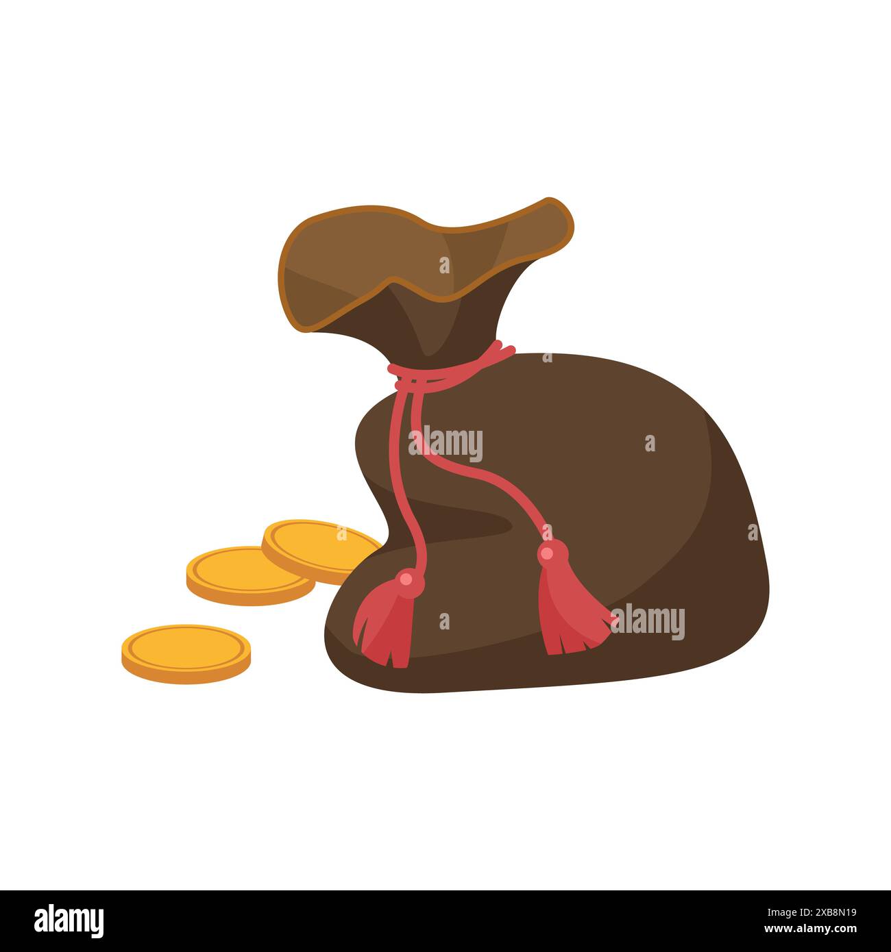Brown bag of gold coins tied with red rope with tassels, fortune ...