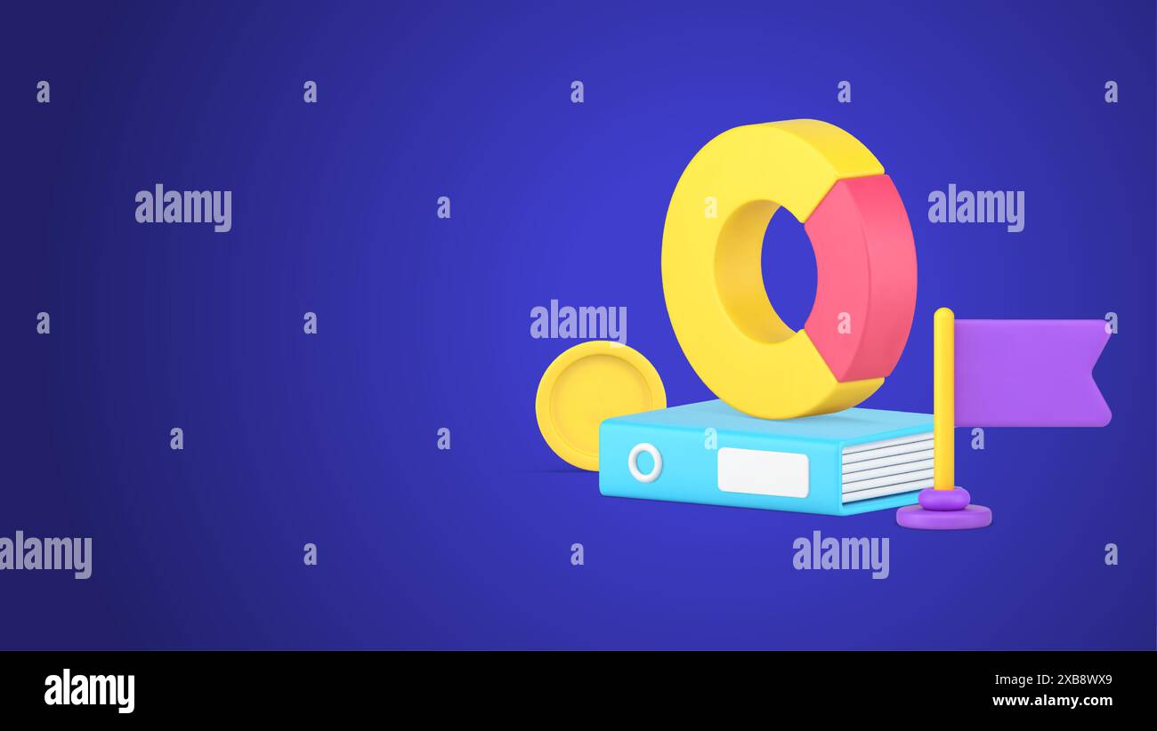 Analyzing company working checking profit with folder documents and rounded graph marking flag 3d icon isometric vector illustration. Planning brainst Stock Vector
