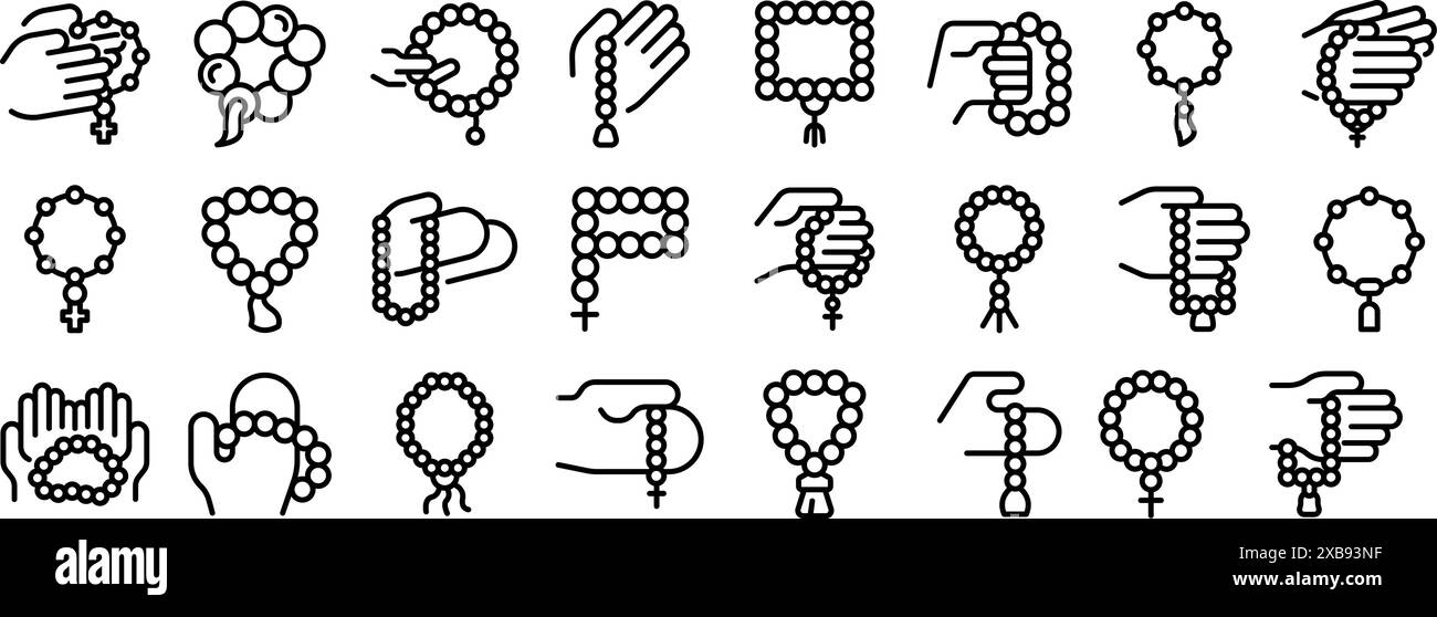Prayer beads icons set. Different people holding and using rosary beads ...