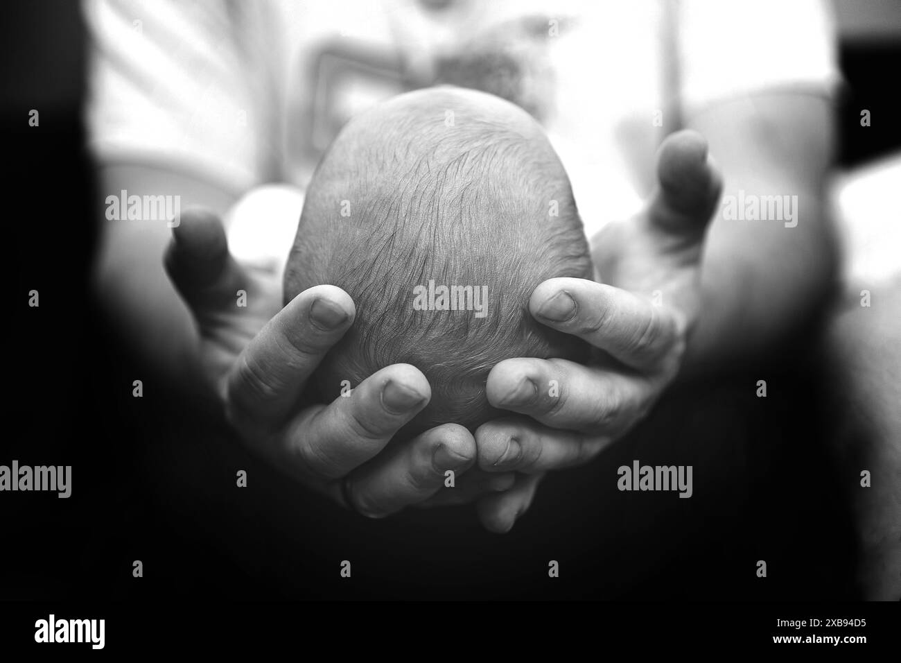 A man gently holds a baby's head with both hands Stock Photo