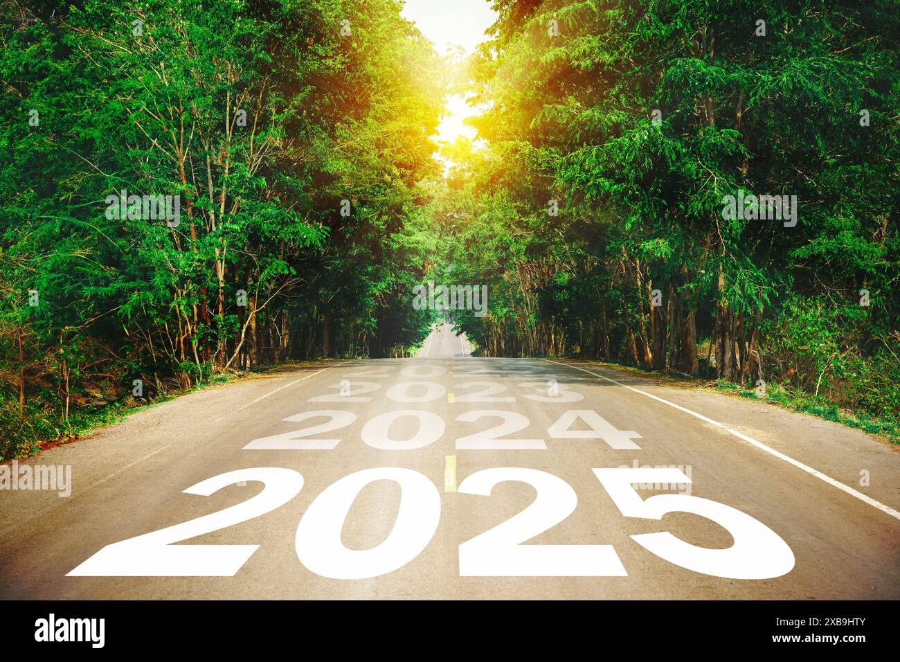 Numbers 2025 and start on asphalt road highway with sunrise or sunset