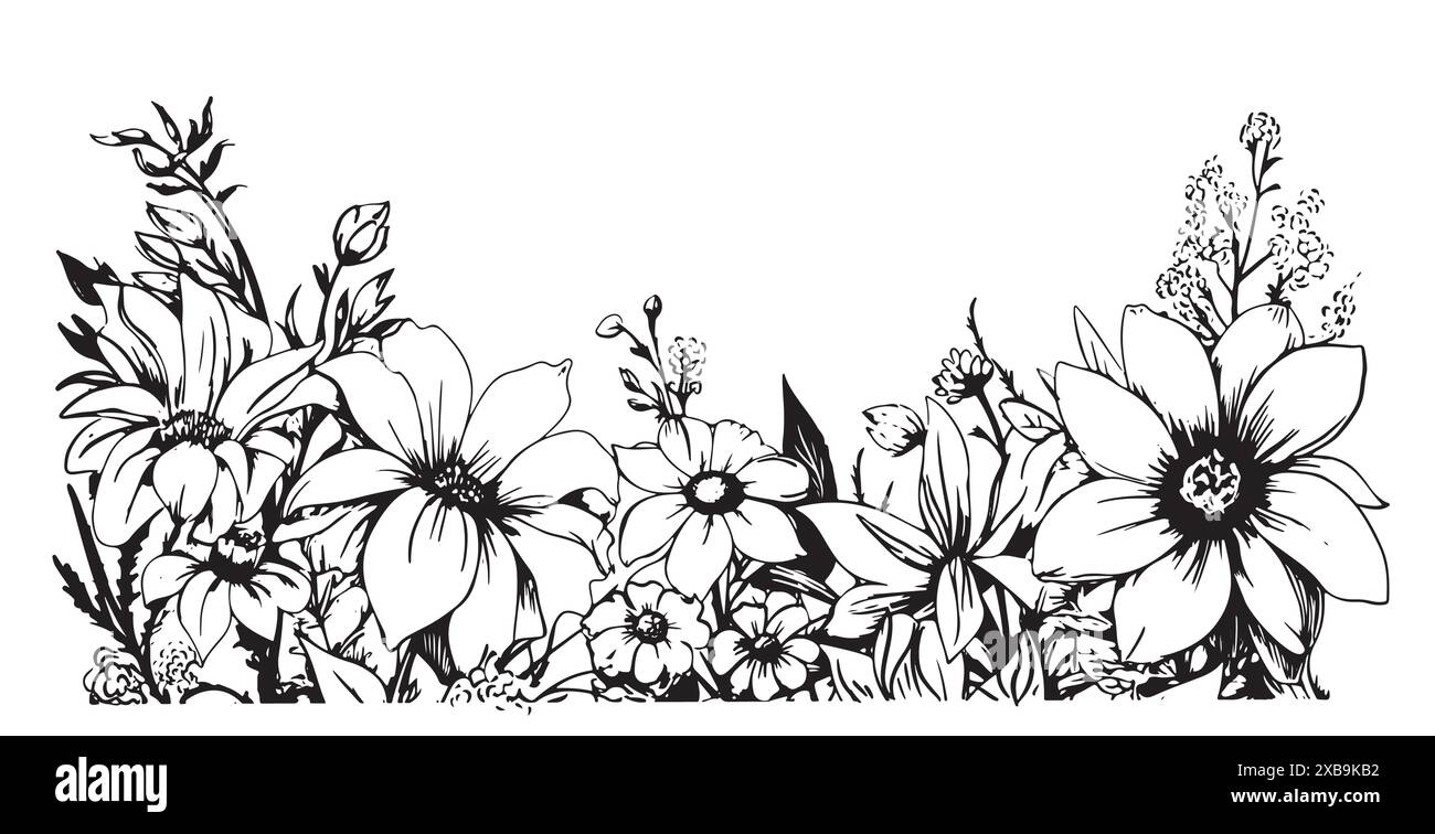 Wild flower field border hand drawn sketch in doodle style illustration ...