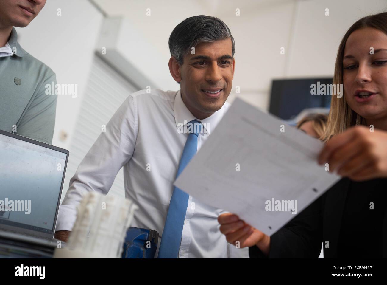 Prime Minister Rishi Sunak during a visit to Silverstone University Technical College (UTC) in Towcester, Northamptonshire, after launching the Conservative Party General Election manifesto. Picture date: Tuesday June 11, 2024. Stock Photo