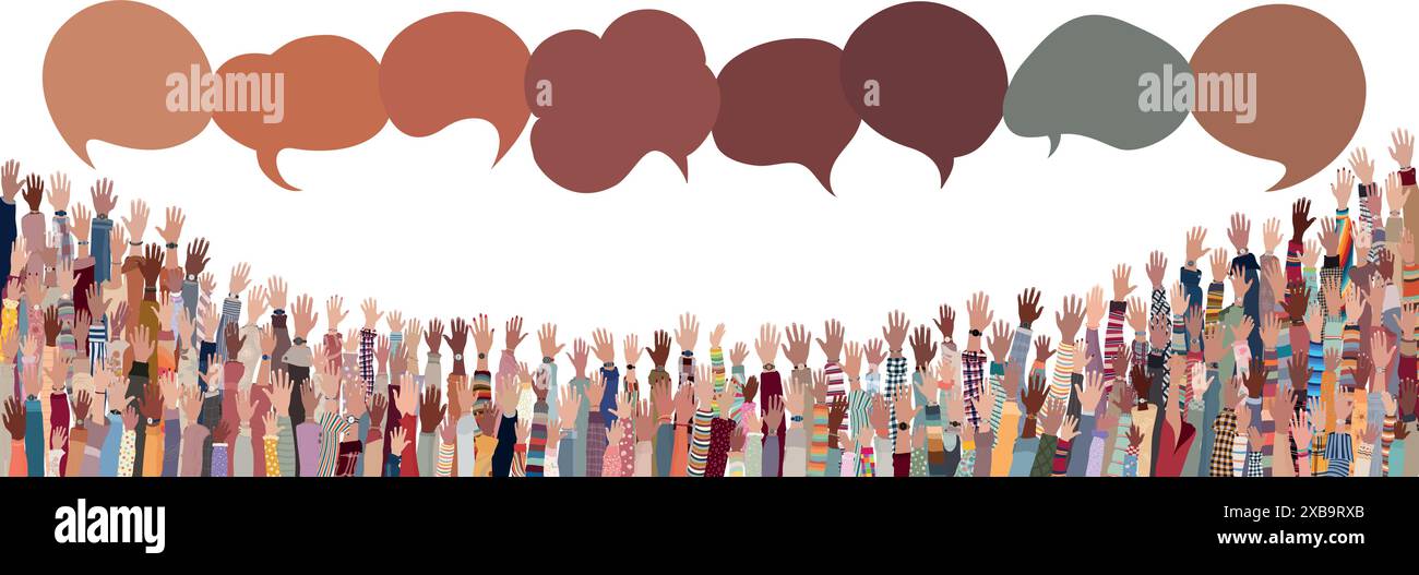 Diversity equality inclusion belonging. Group of raised hands of multicultural men and women. DEIB concept. Communication across diverse culture Stock Vector