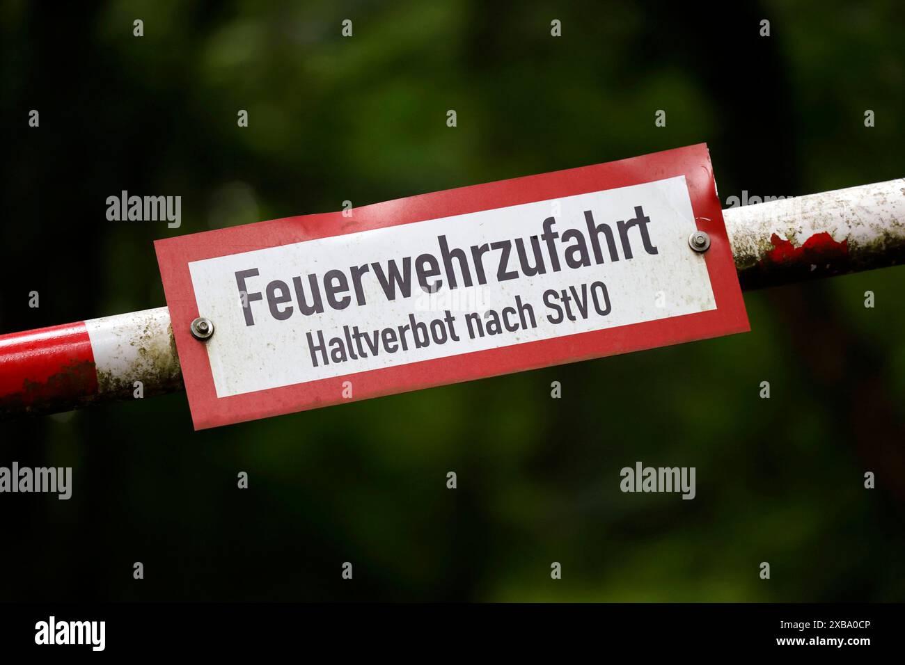 Das Schild Feuerwehrzufahrt zu sehen auf einer Schranke an einem Waldweg. Feuerwehrzufahrt ist