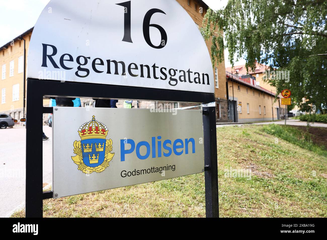 Swedish police authority logo, Linköping police station, Linköping, Sweden. Stock Photo