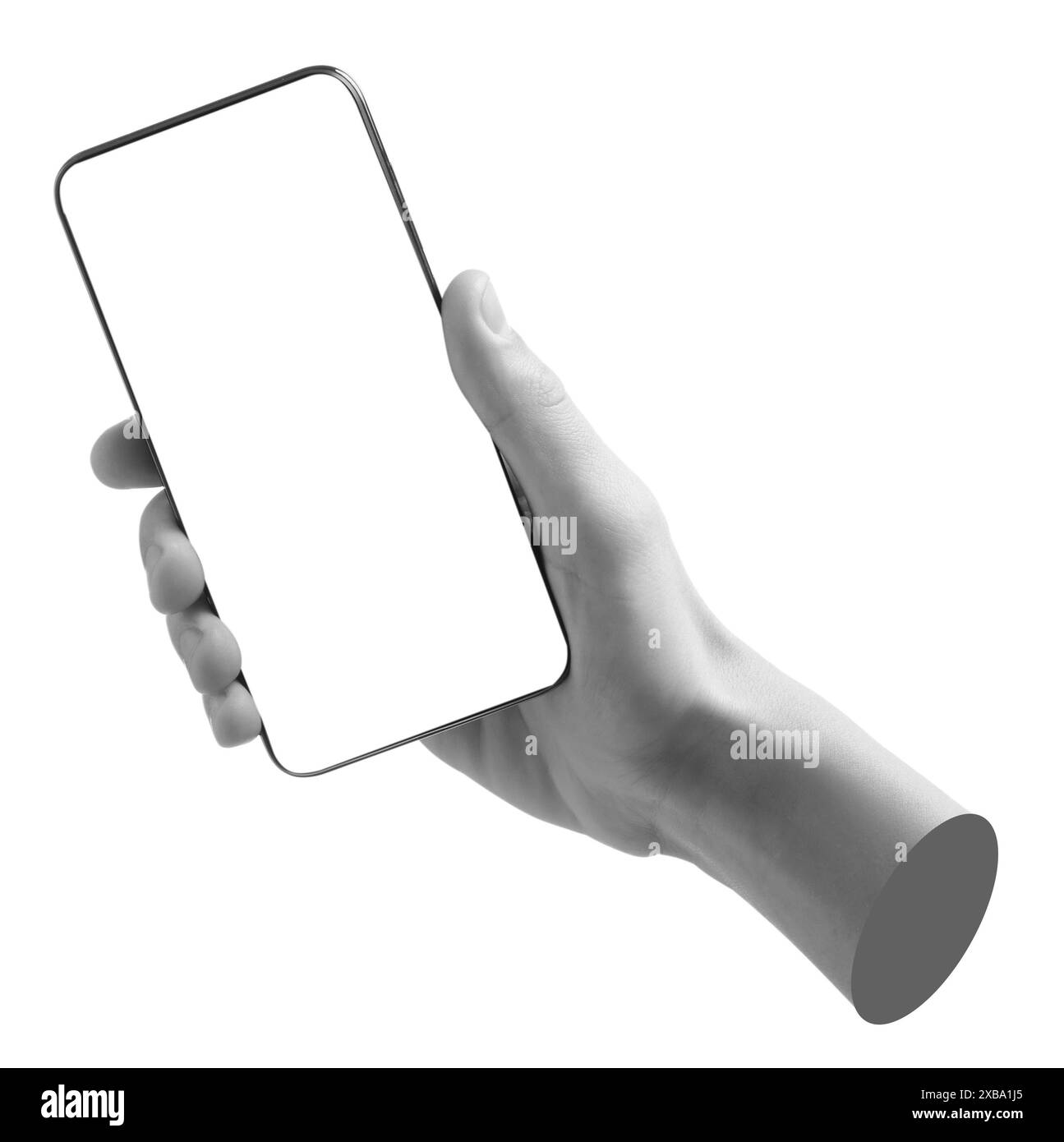 Man's hand holding mobile phone with empty screen isolated on white ...