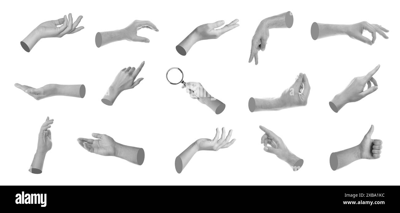 Set of different hand gestures isolated on white, black and white Stock ...