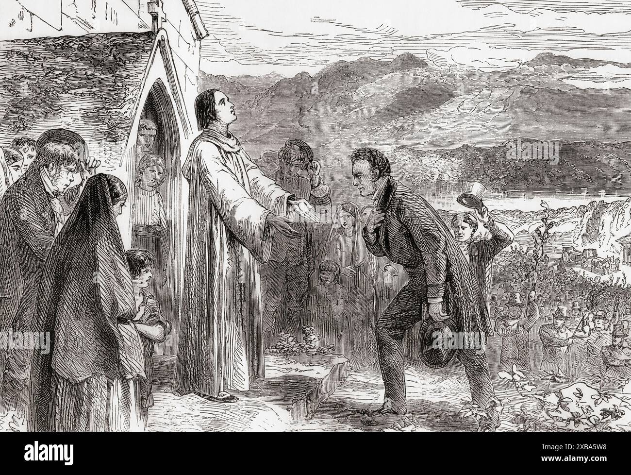 The priest at Corofin, receiving Richard Lalor Sheil.  Richard Lalor Sheil, 1791 – 1851. Irish politician, writer and orator, one of the founders of the Catholic Association after the passing of the Catholic Relief Bill in 1825. Sheil was one of Daniel O'Connell's leading supporters in the agitation persistently carried on until Catholic emancipation was granted in 1829.  From Cassell's Illustrated History of England, published c. 1890. Stock Photo