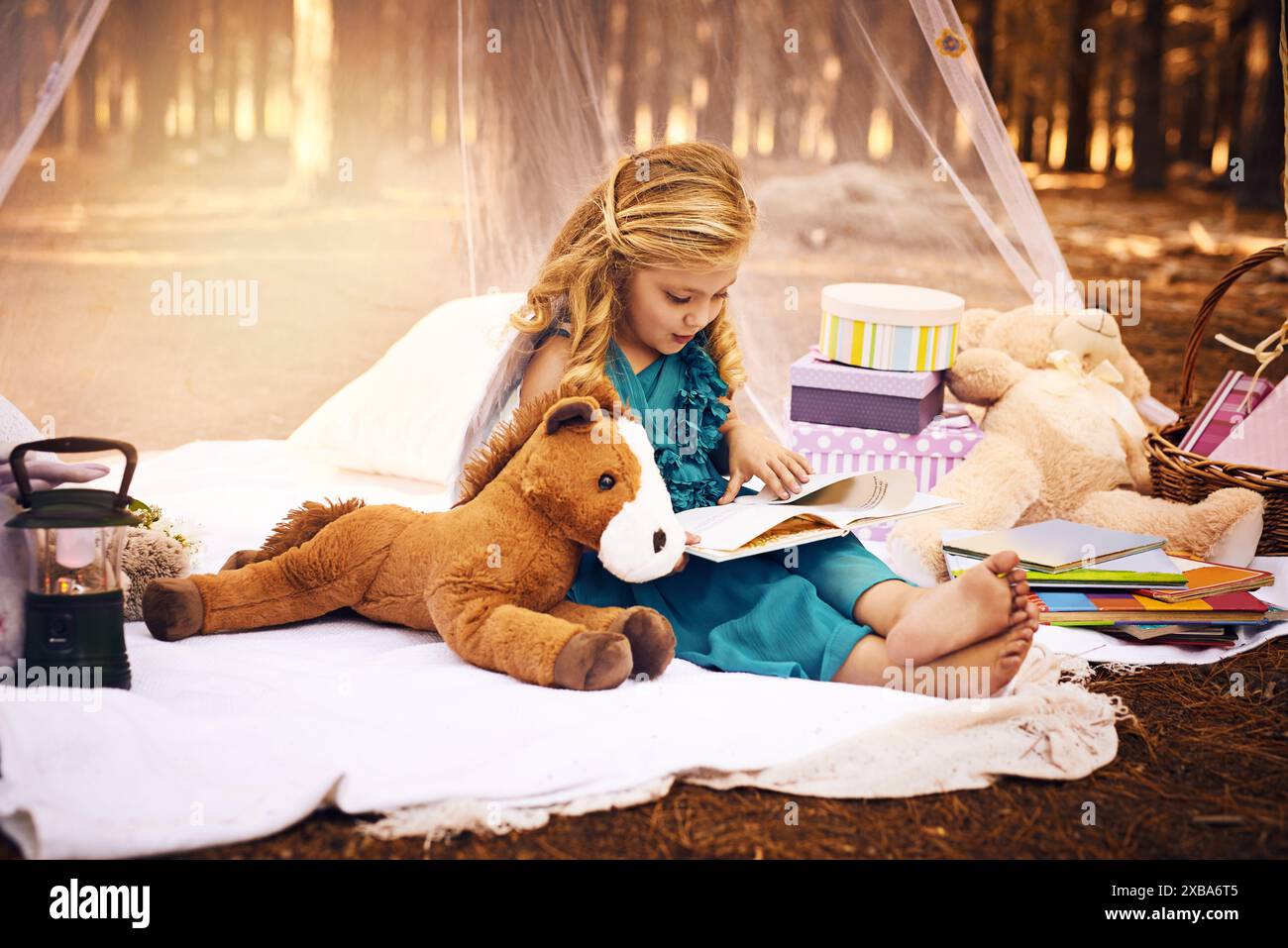 Reading book girl kid and picnic in woods for development education