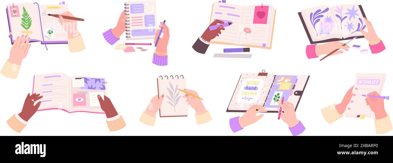 Hands writing and drawing. Hand painting, making notes, writes diary or wishlist. Teenager to do list, business planners, paper artbook, racy vector Stock Vector