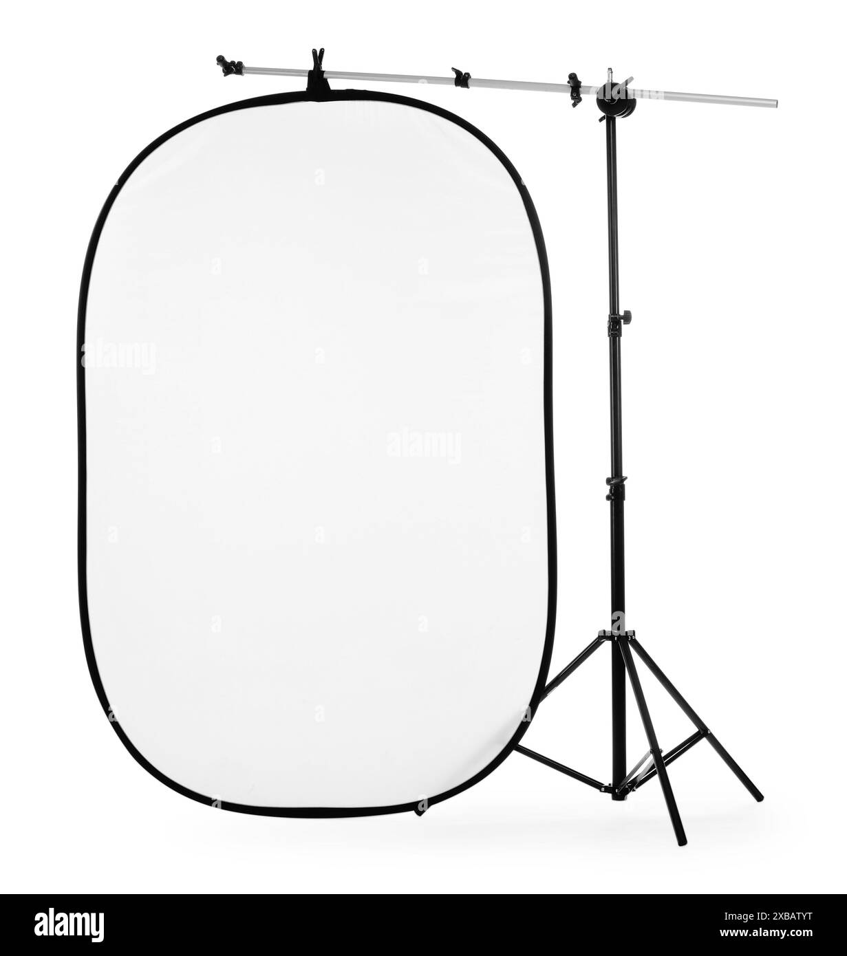 Stand with reflector isolated on white. Photo studio equipment Stock