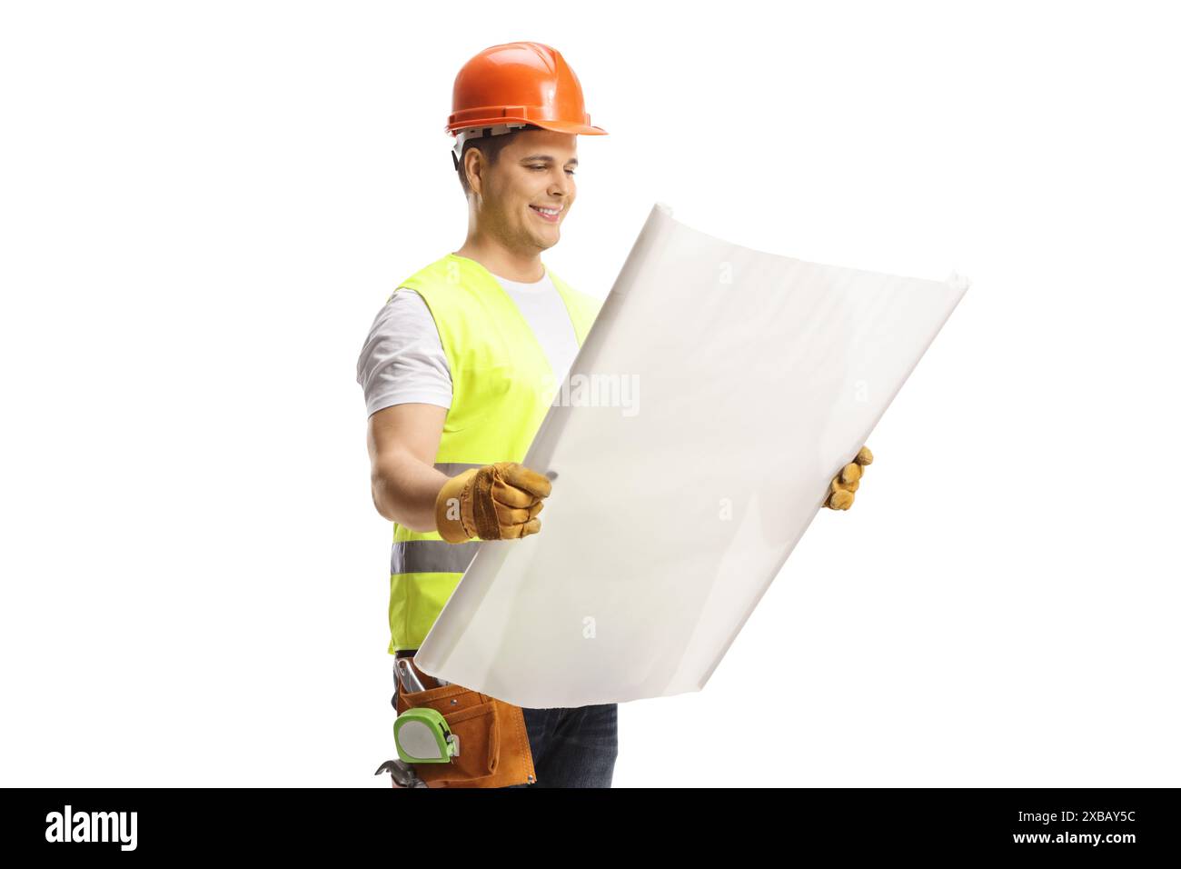 Construction worker holding a blueprint isolated on white background Stock Photo